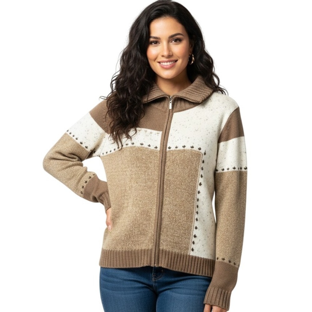 Crazy Horse Petite Cardigan Sweater Womens L Brown Tan Knit Full Zip Collared‎